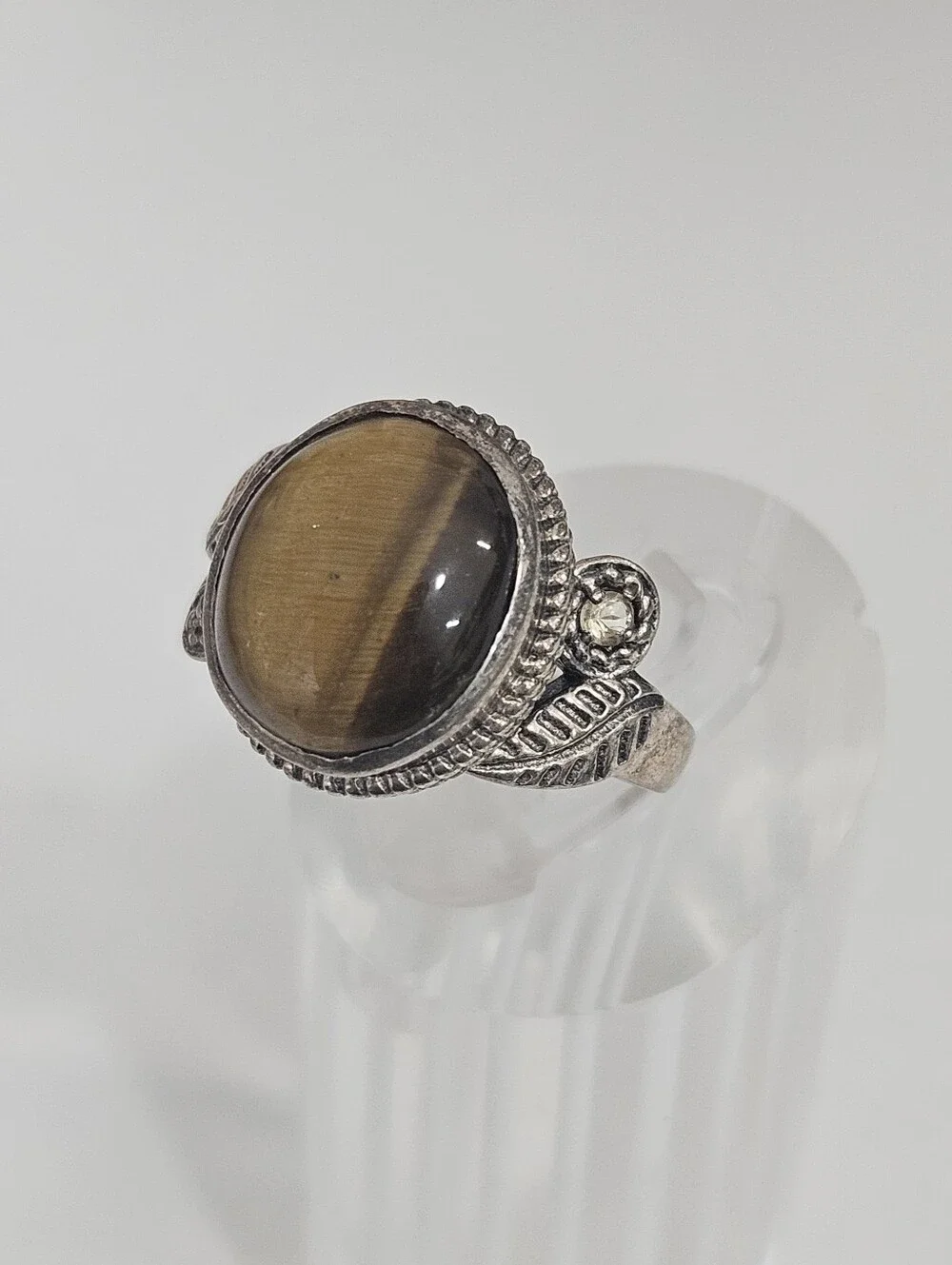 925 Tiger's Eye Gemstone Sterling Silver Leaf Detail Quartz Accent Ring Size 7